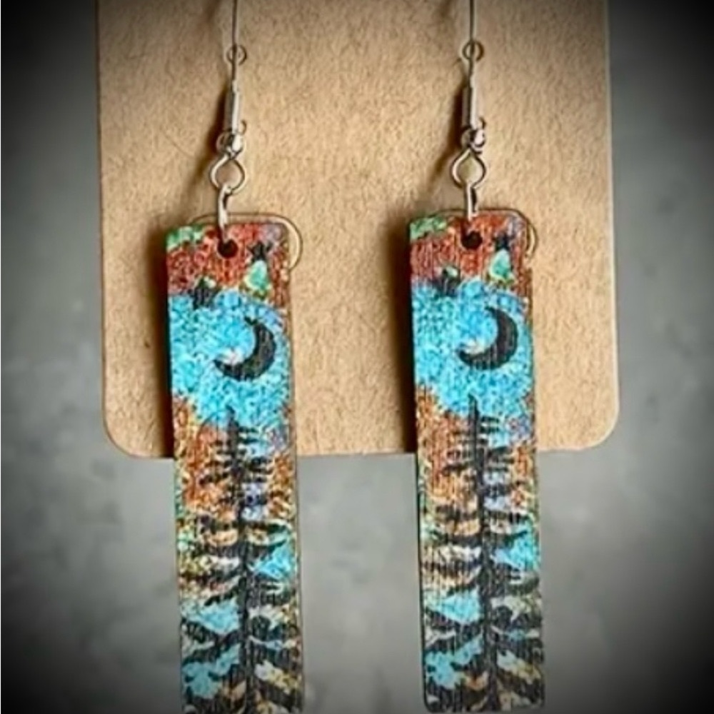 Moon & Tree Outdoor Woodsy Landscape Earrings * Blue
